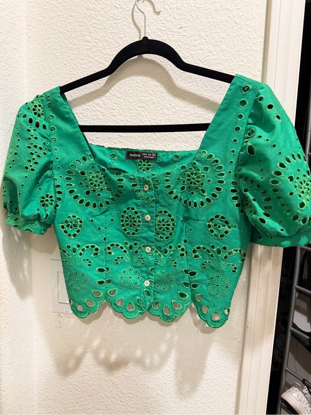 Others Follow Green Eyelet Button Crop Blouse